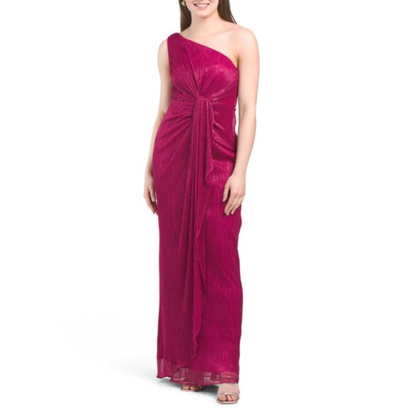 ADRIANNA PAPELL magenta One Shoulder Metallic Gown - Picture 1 of 2
